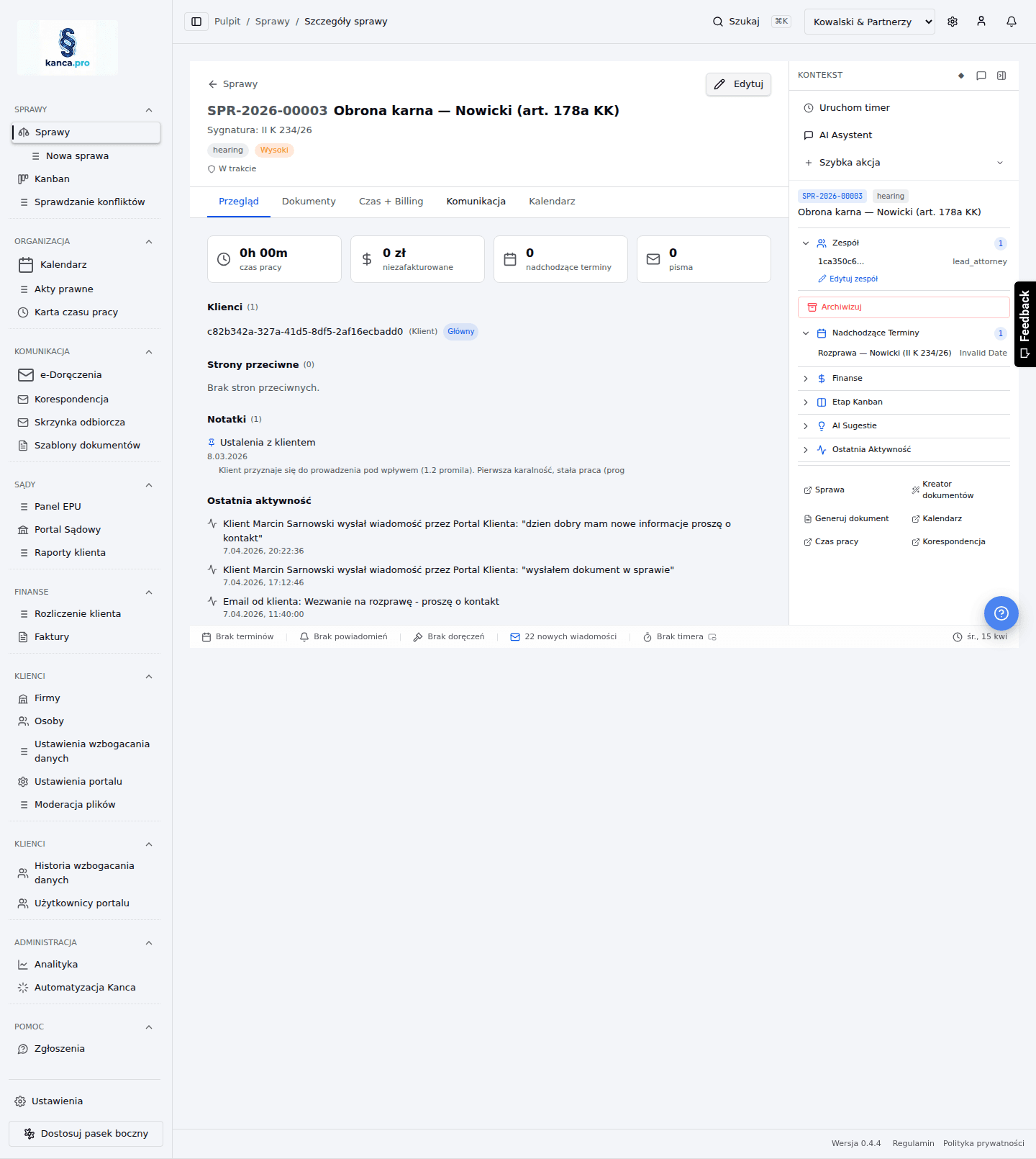 Widok sprawy w Kanca OS — przegląd stanu, klienta, pism i pipeline