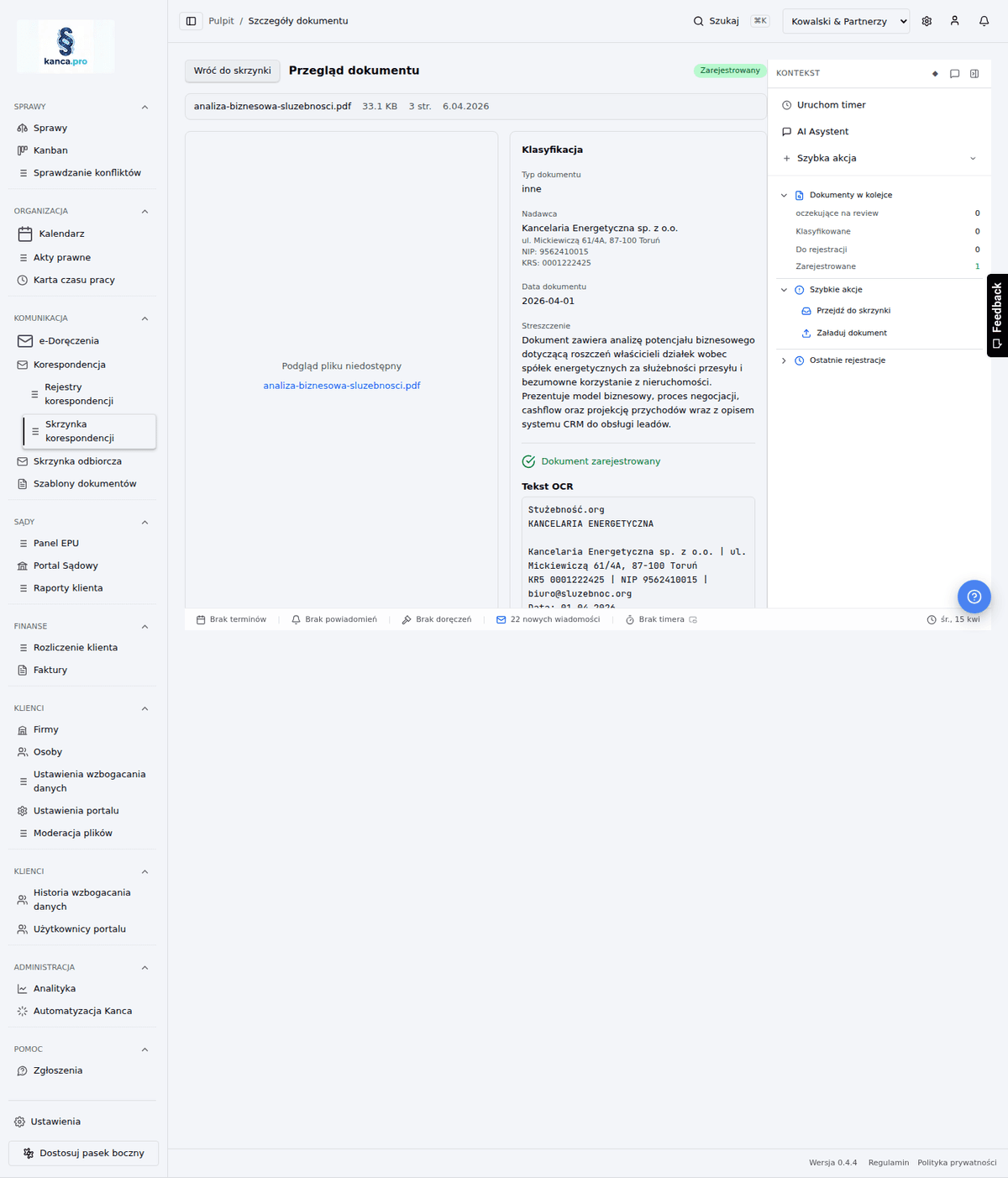 Listonosz przynosi nakaz → karta sprawy aktualna