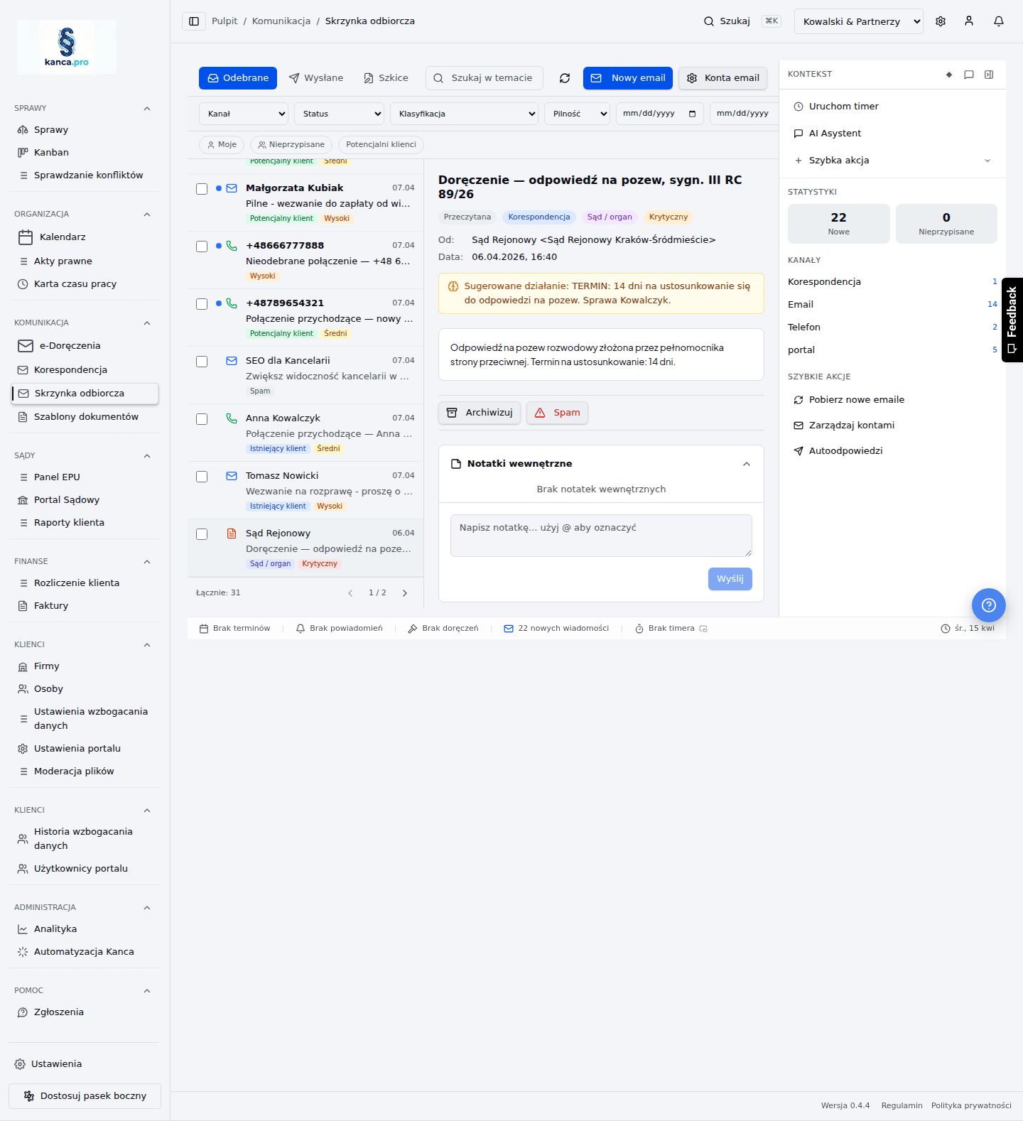 Wspólna skrzynka w Kanca OS z rozpoznanymi wiadomościami z email, telefonu, portalu i korespondencji papierowej
